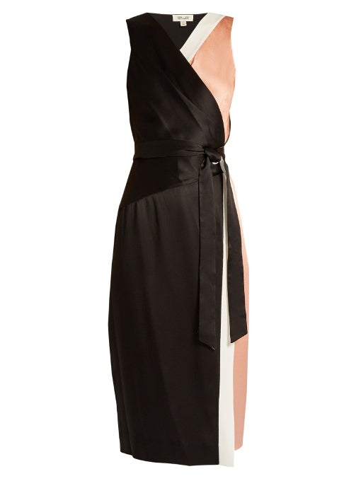 Colour-block satin wrap dress
