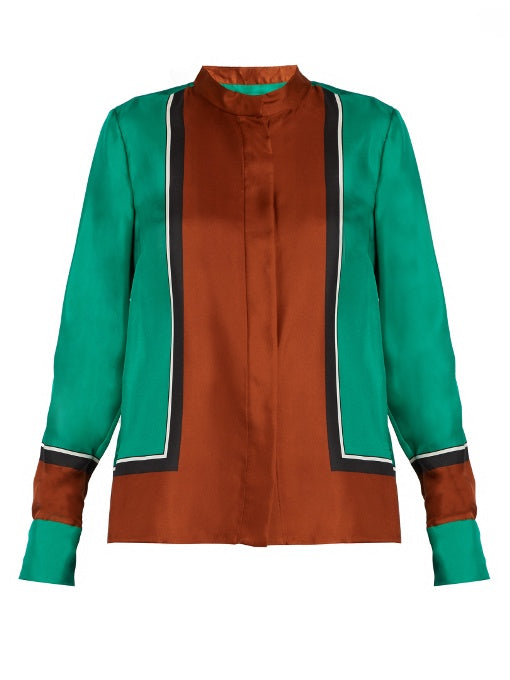 Scarf-print high-neck silk shirt
