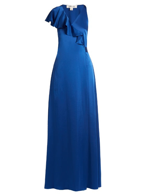 Ruffled satin wrap gown