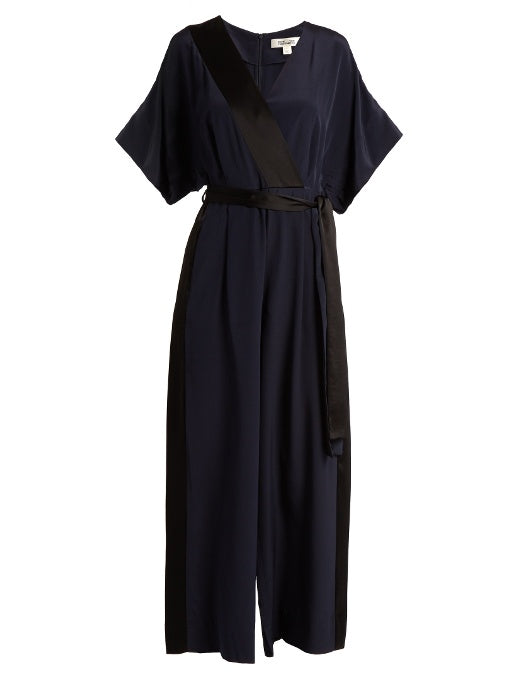 Hammered-satin trimmed silk jumpsuit