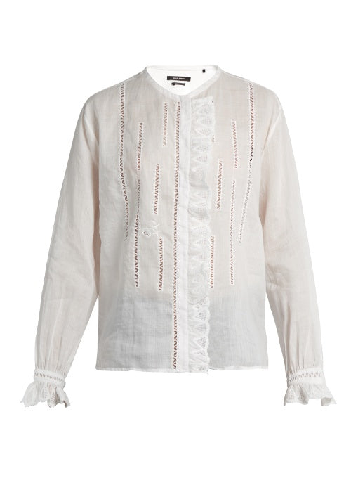 Amos collarless ruffle-trimmed blouse