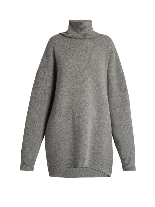 Displaced-sleeve roll-neck wool sweater