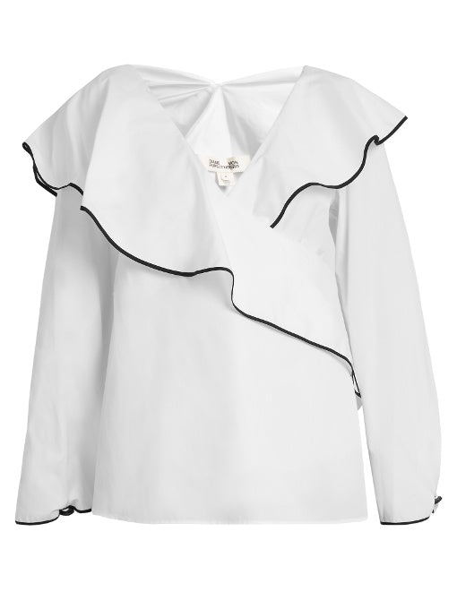 Fluted-lapel wrap cotton blouse