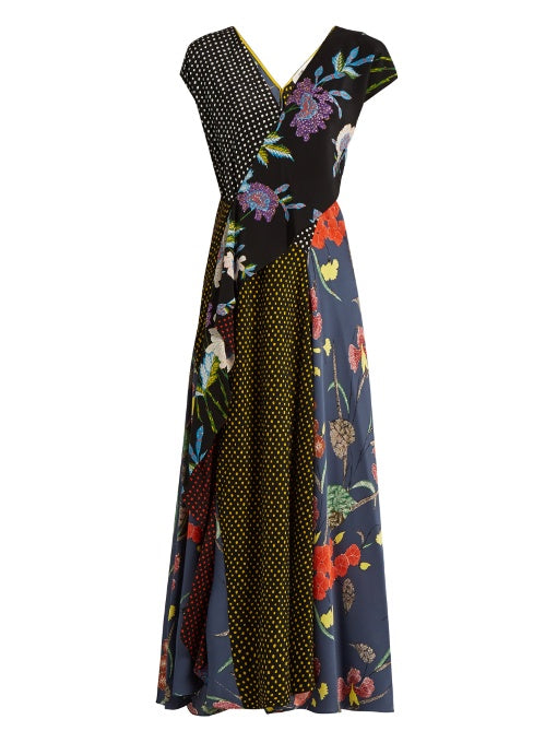 Multi-print capped-sleeved silk dress
