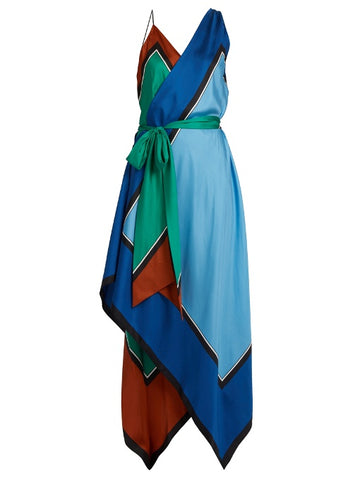 Asymmetric scarf-print silk dress