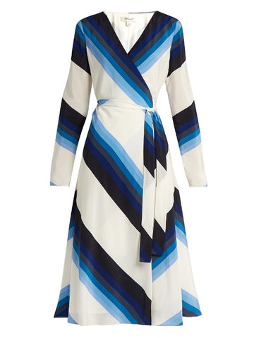 V-neck striped silk-crepe wrap dress