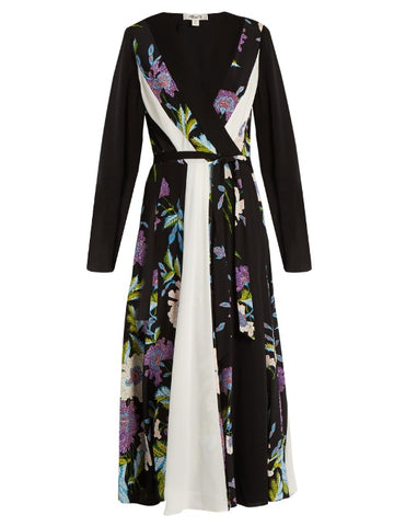 Contrast-panel floral-print silk dress