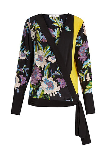 Floral-print crossover silk blouse