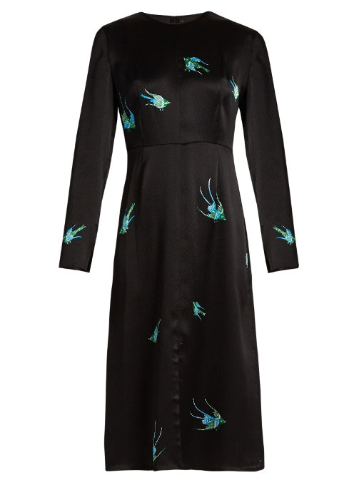 Swallow-print hammered-silk dress