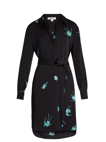 Swallow-print silk-blend shirtdress