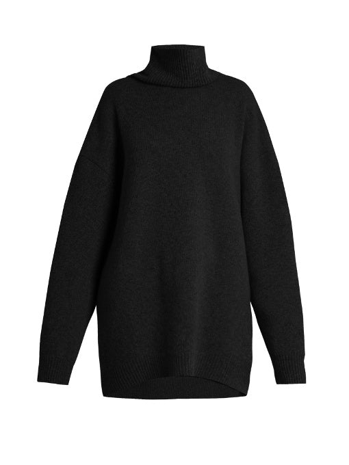 Displaced-sleeve roll-neck wool sweater