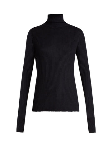 Roll-neck ribbed fine-knit cashmere sweater