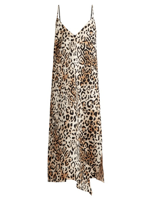 Asymmetric-hem leopard-print twill slip dress